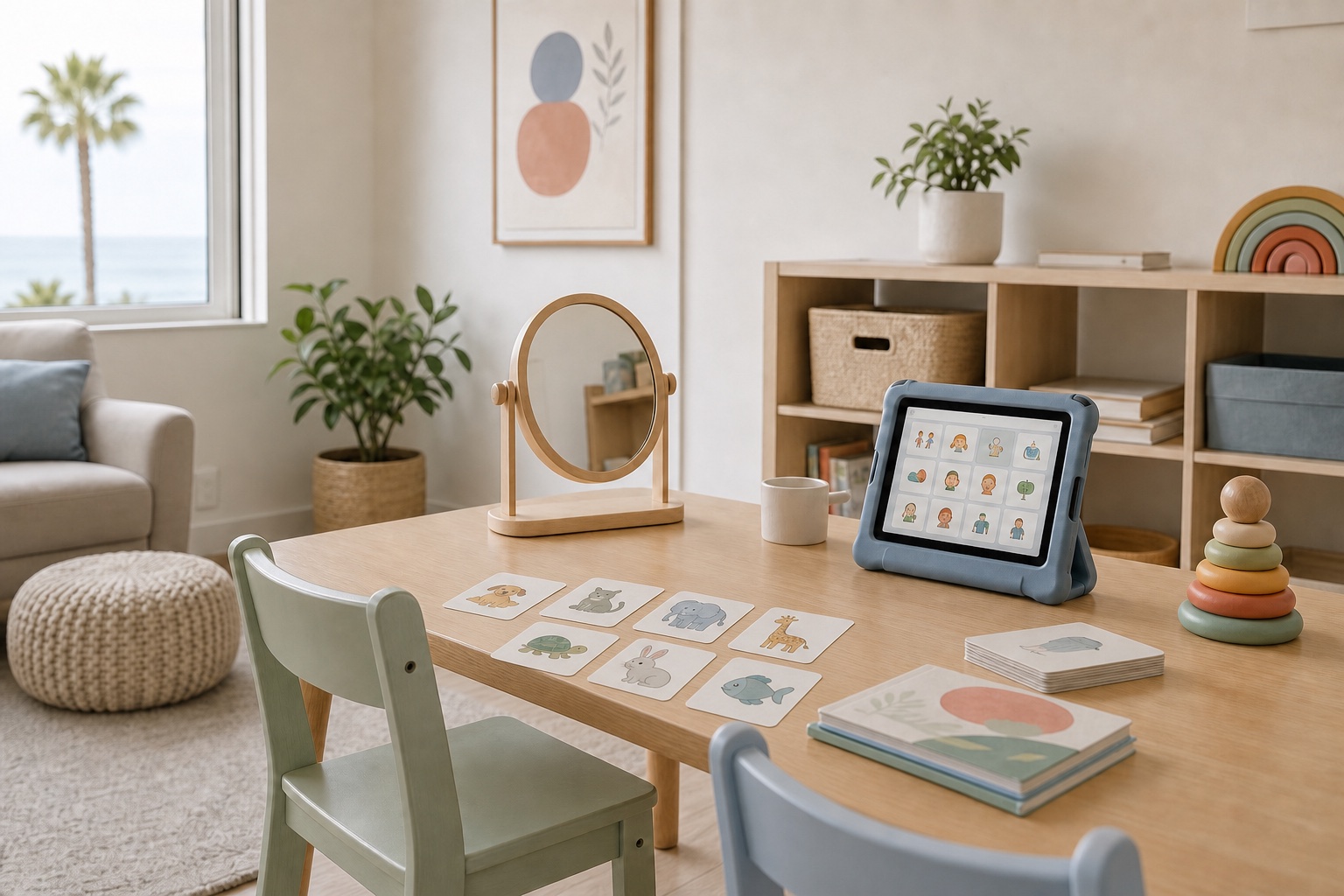 A welcoming speech therapy room with animal picture cards, an articulation mirror, an AAC device, and play materials