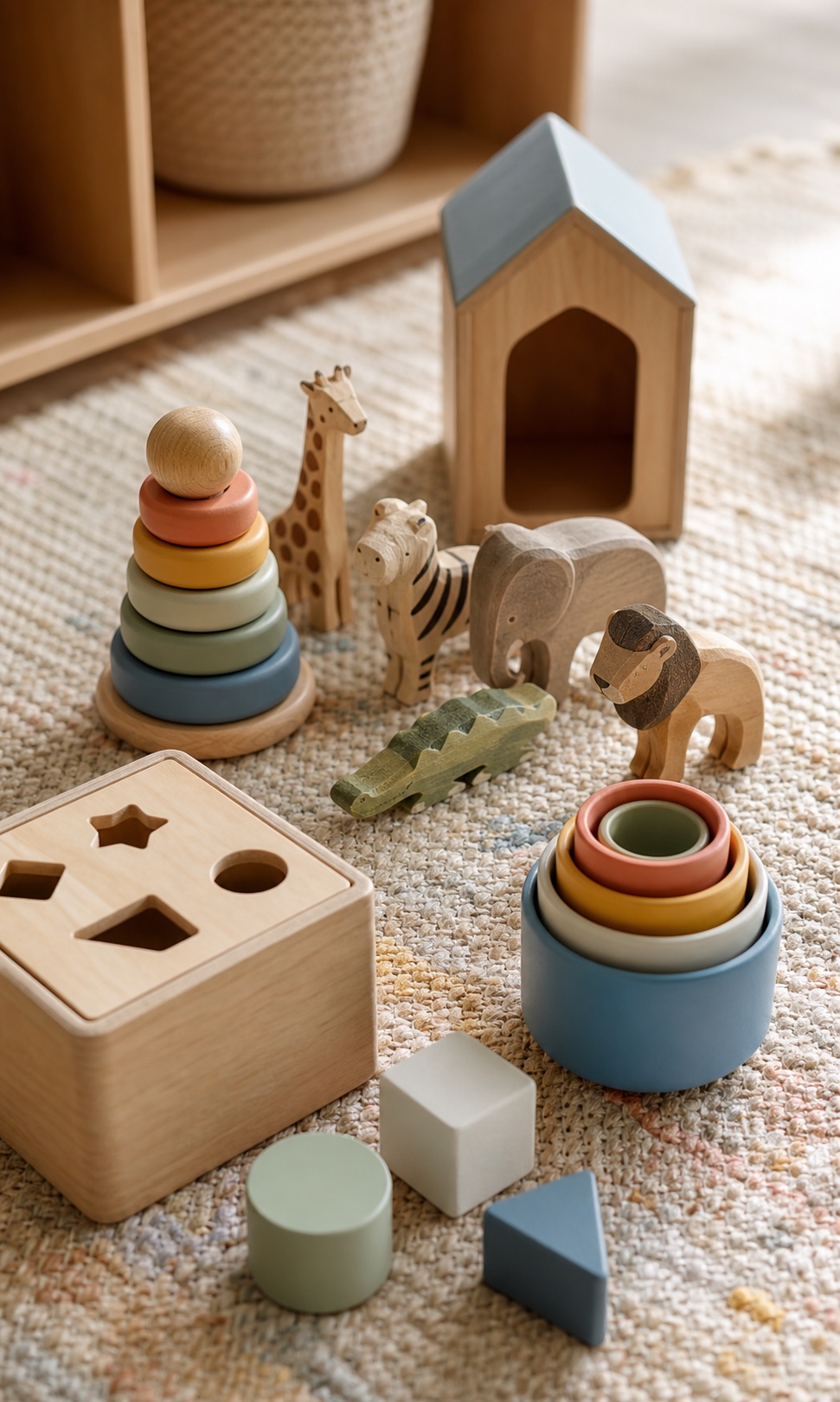 Wooden animal figures and play materials arranged on a woven rug